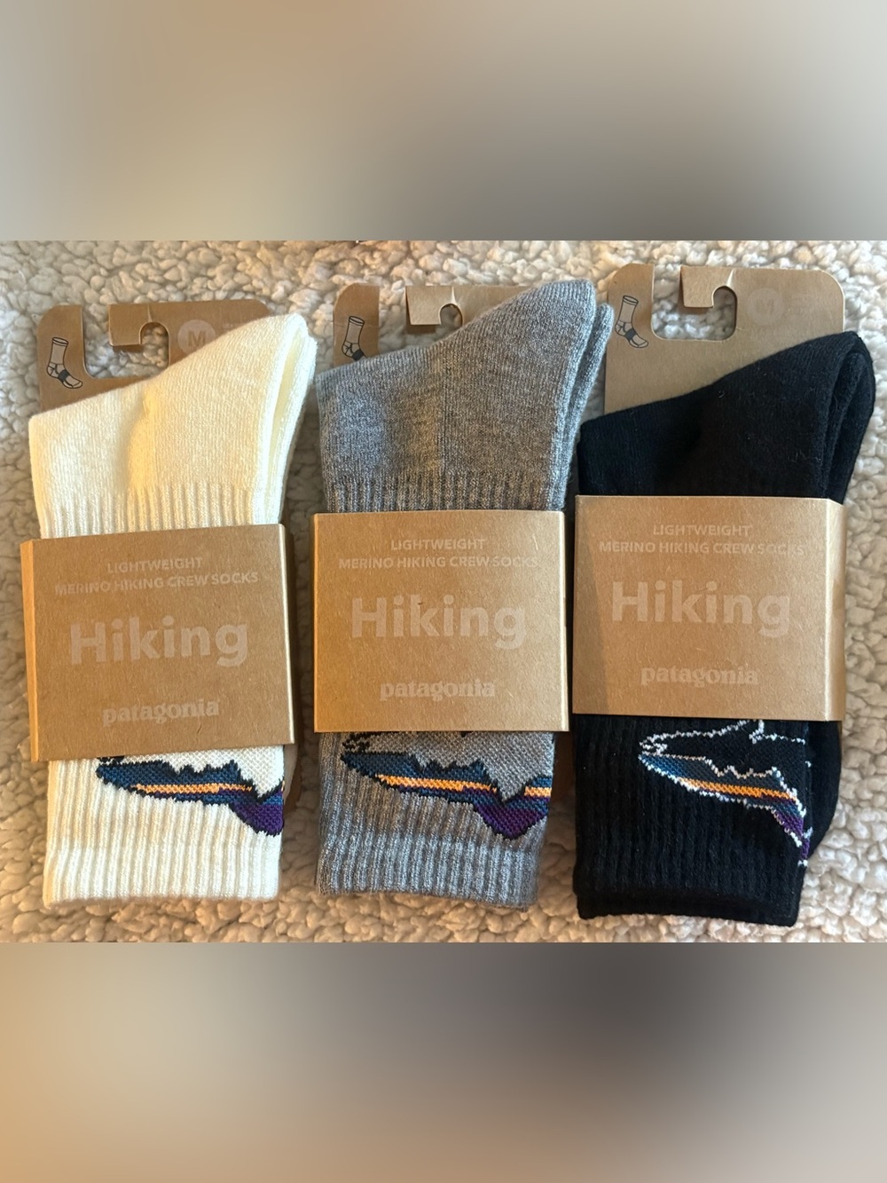 3 Patagonia Merino Hiking Crew Socks — Gray, Black, Cream with Multicolor Accent